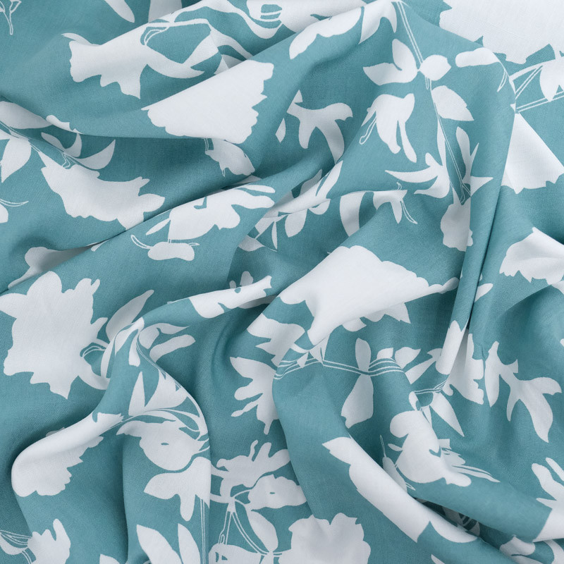 Blue-Green Viscose with White Flowers - Maison Klem